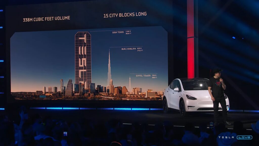 Taille de la Giga Texas de Tesla // Source : Capture du live Tesla Taille de la Giga Texas de Tesla // Source : Capture du live Tesla
