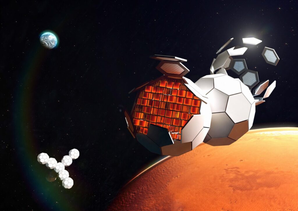 Représentation artistique de Tesserae, en assemblage autonome dans l'espace. // Source : Axiom/MIT Représentation artistique de Tesserae, en assemblage autonome dans l'espace. // Source : Axiom/MIT