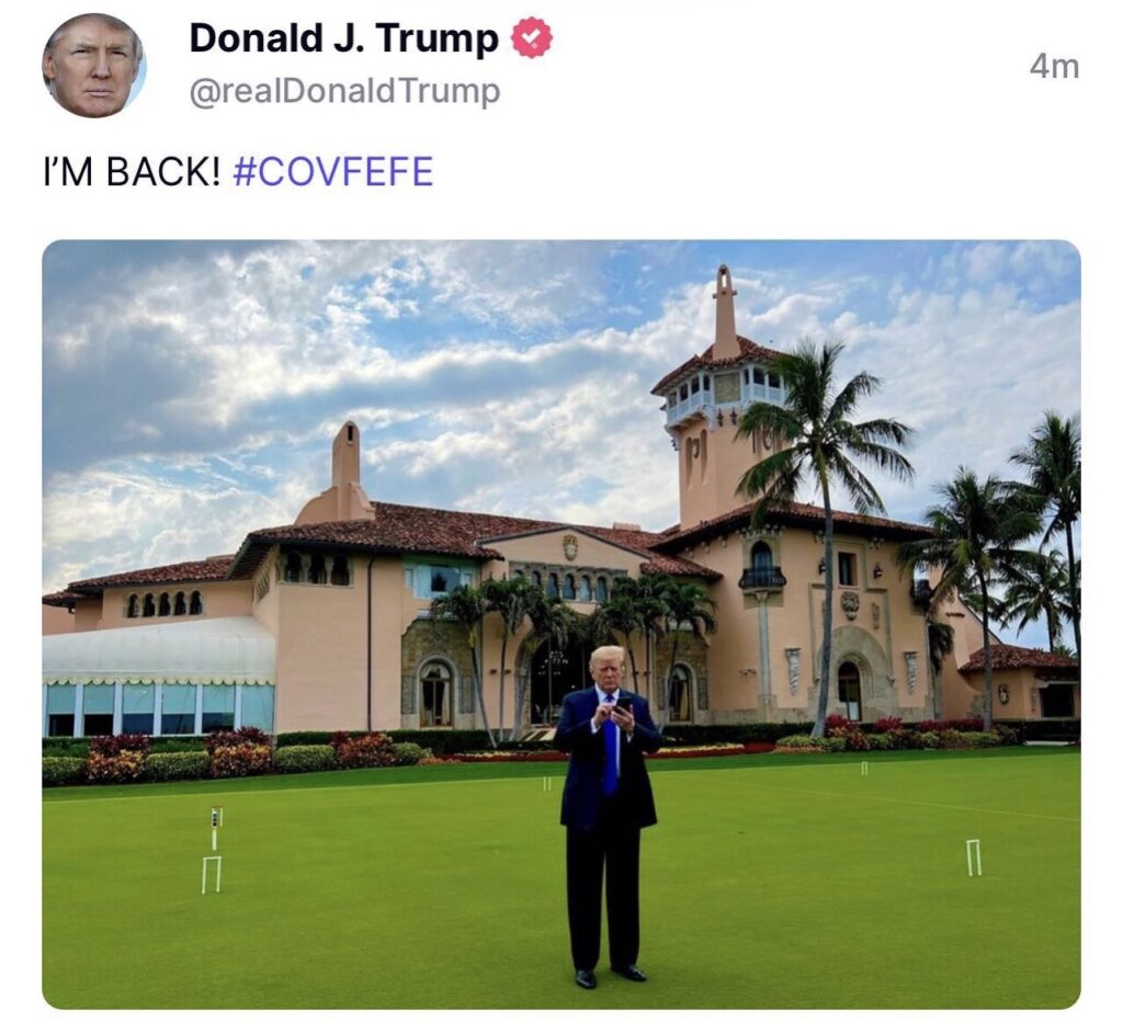 Le premier message publié par Donald Trump sur TRUTH Social. // Source : Capture d'écran Le premier message publié par Donald Trump sur TRUTH Social. // Source : Capture d'écran