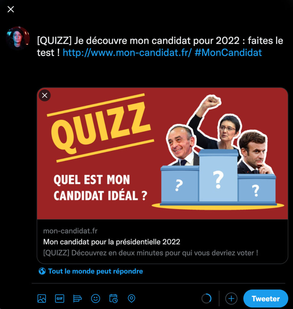 Le tweet que le site me propose de partager une fois mon test réalisé // Source : Capture d'écran Numerama Le tweet que le site me propose de partager une fois mon test réalisé // Source : Capture d'écran Numerama