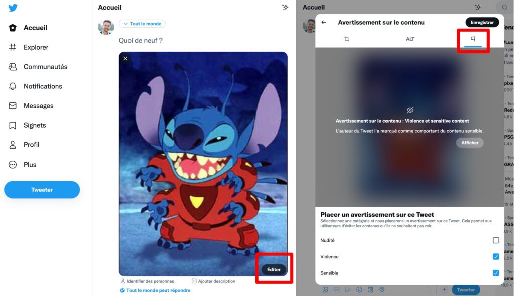 Le site de Twitter permet aussi de marquer une photo comme sensible. // Source : Captures Numerama