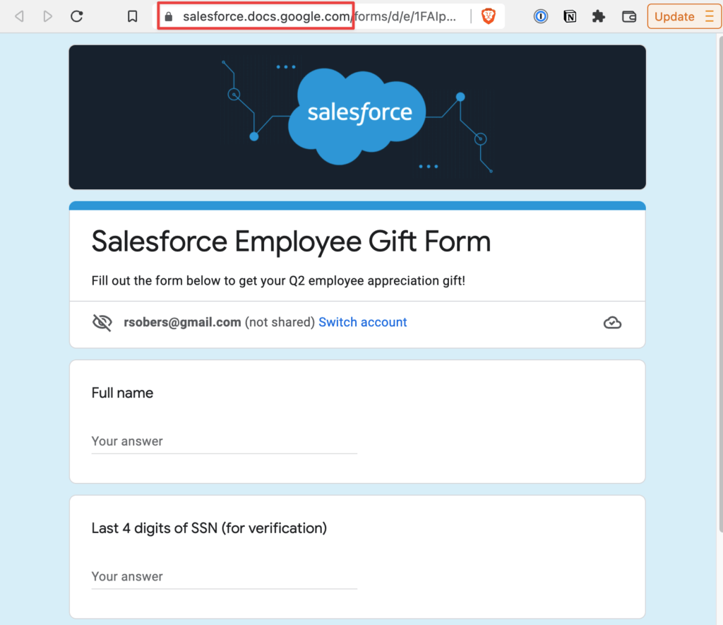 L'URL de ce formulaire Google a été modifié par Varonis pour faire croire à un lien saleforces. // Source : Varonis L'URL de ce formulaire Google a été modifié par Varonis pour faire croire à un lien saleforces. // Source : Varonis