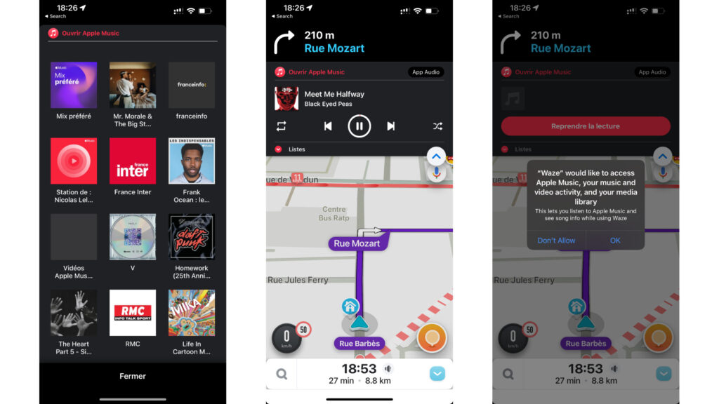 Apple Music dans Waze. // Source : Captures d'écran Numerama Apple Music dans Waze. // Source : Captures d'écran Numerama
