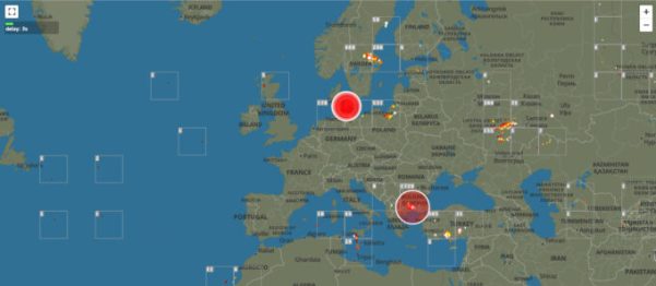 Détection d'éclairs imminents en rouge // Source : Blitzortung Détection d'éclairs imminents en rouge // Source : Blitzortung