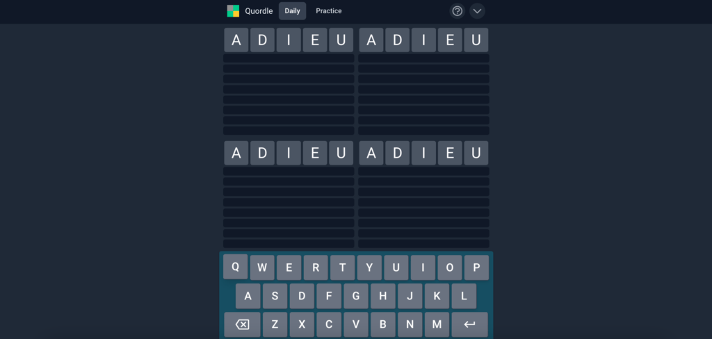 Le Quordle est dur. Vraiment dur. // Source : Quordle Le Quordle est dur. Vraiment dur. // Source : Quordle