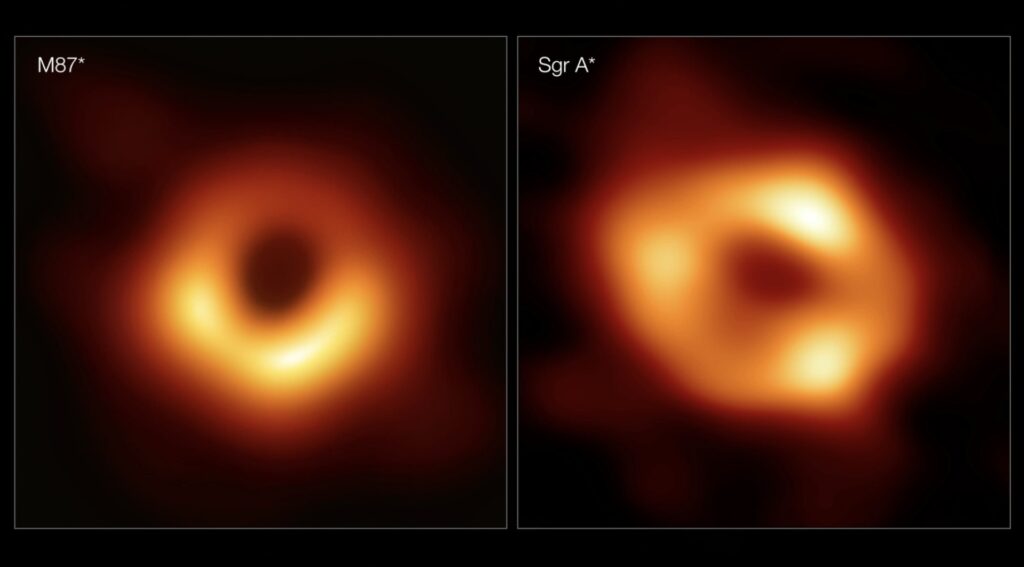 À gauche, le trou noir au coeur de M87, à droite, le trou noir au coeur de la Voie lactée. // Source : ESO/EHT À gauche, le trou noir au coeur de M87, à droite, le trou noir au coeur de la Voie lactée. // Source : ESO/EHT