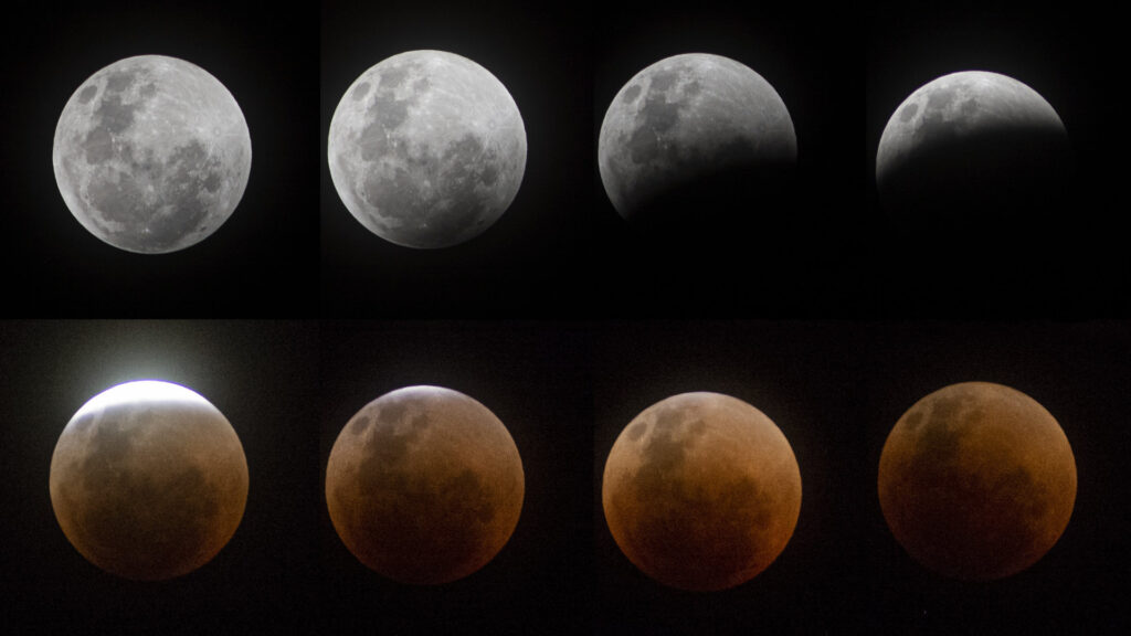 Étapes de l'éclipse lunaire. // Source : Flickr/CC/Sergio Otarola (photo recadrée) Étapes de l'éclipse lunaire. // Source : Flickr/CC/Sergio Otarola (photo recadrée)