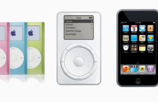 L'iPod mini, l'iPod et l'iPod touch, dans leurs premières versions. // Source : Apple L'iPod mini, l'iPod et l'iPod touch, dans leurs premières versions. // Source : Apple