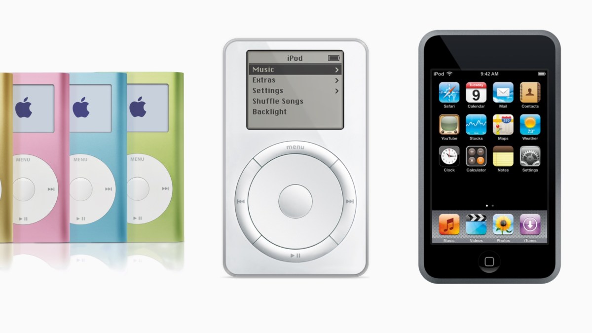 L'iPod mini, l'iPod et l'iPod touch, dans leurs premières versions. // Source : Apple L'iPod mini, l'iPod et l'iPod touch, dans leurs premières versions. // Source : Apple