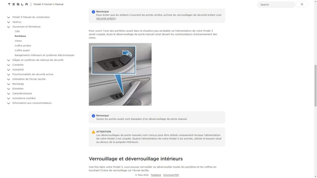 Extrait du manuel de la Model 3 // Source : Capture du site Tesla Extrait du manuel de la Model 3 // Source : Capture du site Tesla