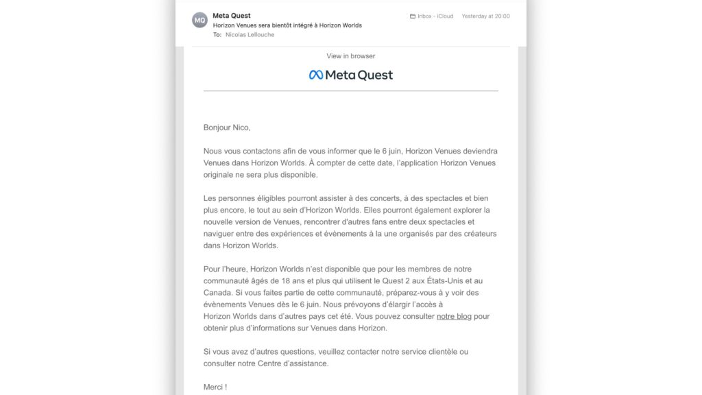 Le mail envoyé par Meta à ses clients. // Source : Capture Numerama