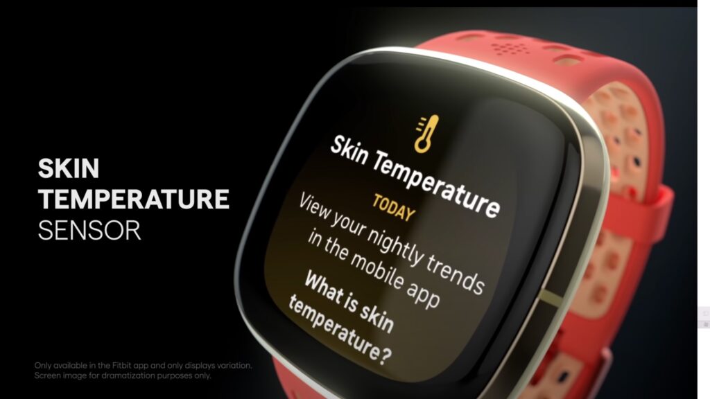 La montre Fitbit Sense peut mesurer la température corporelle. // Source : Fitbit La montre Fitbit Sense peut mesurer la température corporelle. // Source : Fitbit