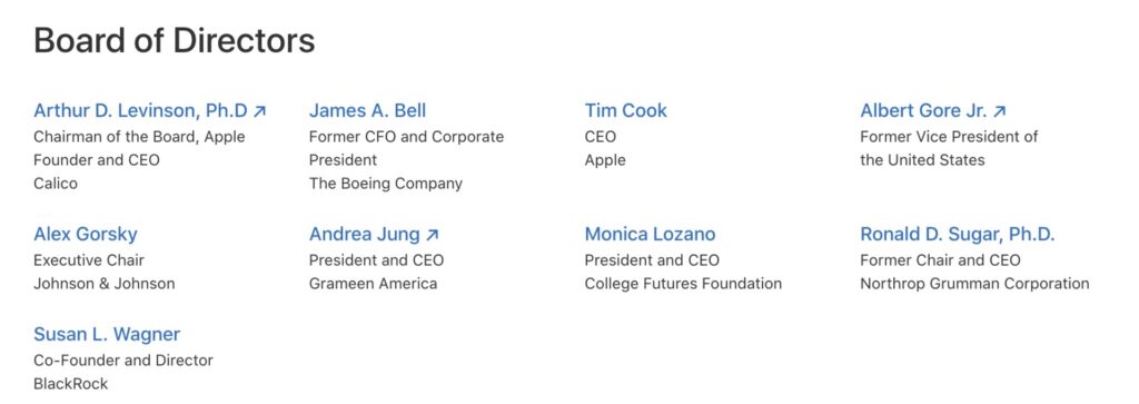 Le conseil d'administration d'Apple en mai 2022. // Source : Apple Le conseil d'administration d'Apple en mai 2022. // Source : Apple