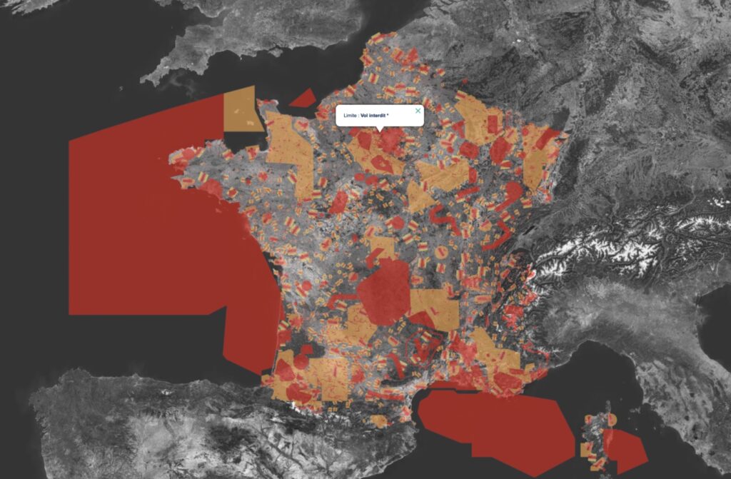 La carte des interdictions des drones en France. // Source : Geo Portail La carte des interdictions des drones en France. // Source : Geo Portail