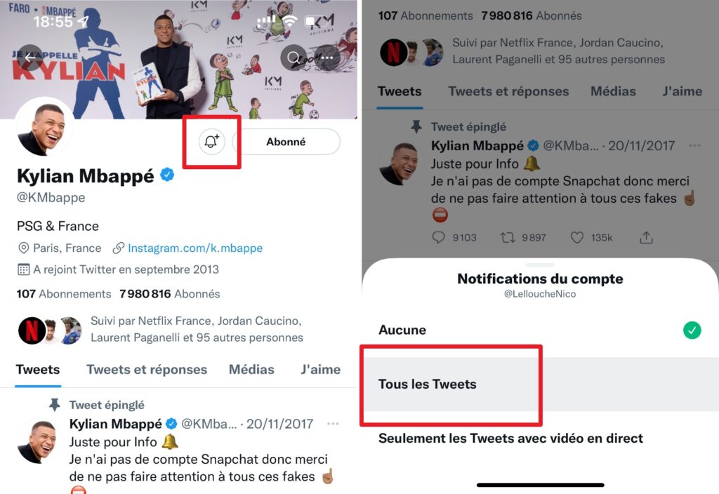 Voici comment activer les alertes sur le Twitter de Mbappé. // Source : Numerama Voici comment activer les alertes sur le Twitter de Mbappé. // Source : Numerama