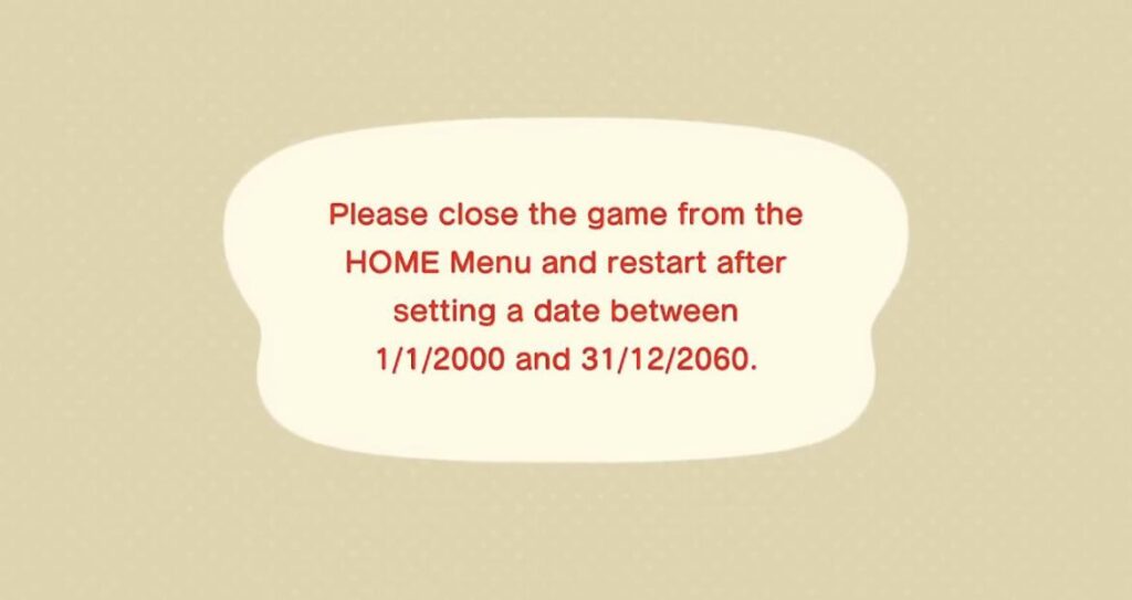Veuillez fermer le jeu depuis le menu et relancer le jeu après avoir fixé une date entre le 1 janvier 2000 et le 31 décembre 2060 // Source : Reddit Veuillez fermer le jeu depuis le menu et relancer le jeu après avoir fixé une date entre le 1 janvier 2000 et le 31 décembre 2060 // Source : Reddit