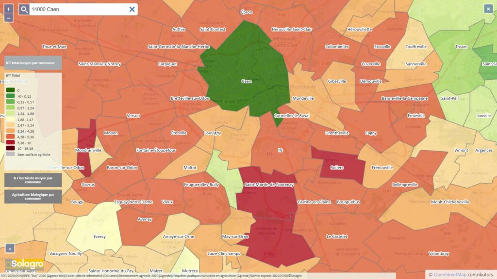 Carte Adonis, zoomée sur la zone de Caen en guise d'exemple. Les données sont disponibles commune par commune. // Source : Solagro Carte Adonis, zoomée sur la zone de Caen en guise d'exemple. Les données sont disponibles commune par commune. // Source : Solagro