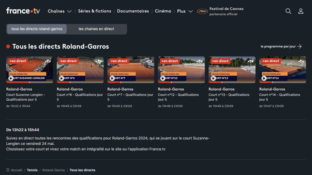 La page Roland-Garros de la plateforme France.TV // Source : Capture d'écran La page Roland-Garros de la plateforme France.TV // Source : Capture d'écran