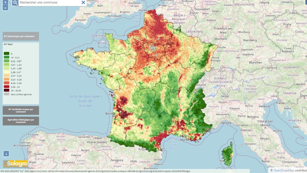 La carte Adonis indique le niveau de présence des pesticides dans les communes. // Source : Solagro La carte Adonis indique le niveau de présence des pesticides dans les communes. // Source : Solagro