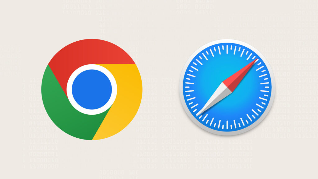 Chrome et Safari. // Source : Wikimedia/CC/Chrome ; Wikimedia/CC/Apple Inc ; fond Numerama Chrome et Safari. // Source : Wikimedia/CC/Chrome ; Wikimedia/CC/Apple Inc ; fond Numerama