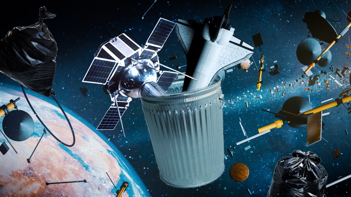 La « poubelle » des débris spatiaux. // Source : Montage Louise Audry pour Numerama La « poubelle » des débris spatiaux. // Source : Montage Louise Audry pour Numerama
