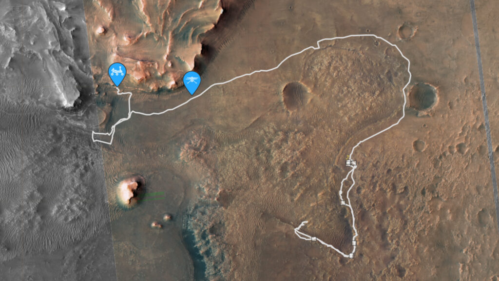 Position d'Ingenuity et de Perseverance sur Mars. // Source : Capture d'écran Nasa Position d'Ingenuity et de Perseverance sur Mars. // Source : Capture d'écran Nasa