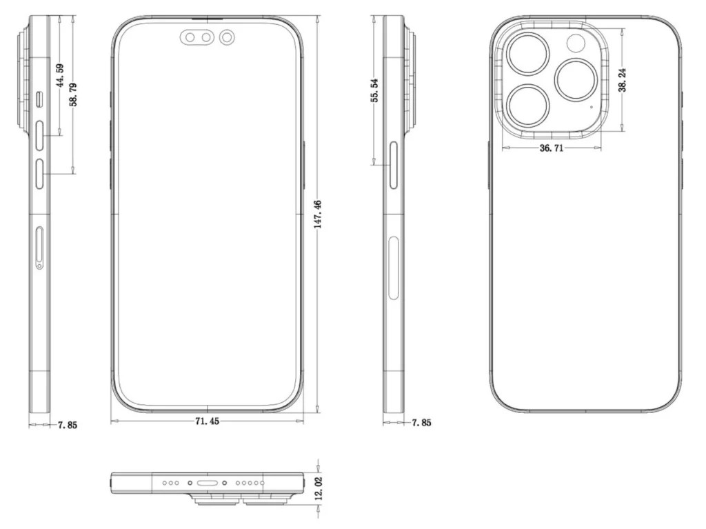 Un plan supposé de l’iPhone 14 Pro. // Source : Max Weinbach / Twitter