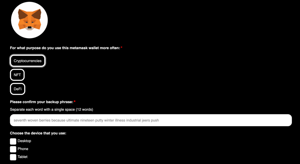 Le site vous demande de fournir votre phrase secrète : il ne faut surtout pas le faire // Source : Capture d'écran Numerama Le site vous demande de fournir votre phrase secrète : il ne faut surtout pas le faire // Source : Capture d'écran Numerama