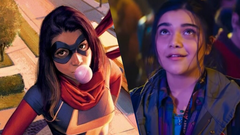 Miss Marvel dans les comics vs. Miss Marvel dans la série Disney+. // Source : Marvel / Montage Numerama Miss Marvel dans les comics vs. Miss Marvel dans la série Disney+. // Source : Marvel / Montage Numerama