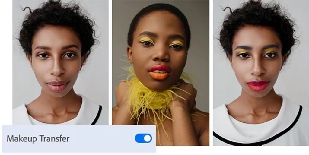 Un exemple de filtre IA sur Photoshop, pour maquiller quelqu'un à partir d'une image sans aucun outil. // Source : Adobe Un exemple de filtre IA sur Photoshop, pour maquiller quelqu'un à partir d'une image sans aucun outil. // Source : Adobe