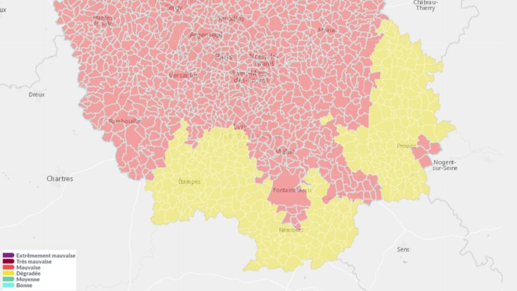 Carte de l'ozone dans la région parisienne IDF au 17 juin 2022. // Source : AirParif Carte de l'ozone dans la région parisienne IDF au 17 juin 2022. // Source : AirParif
