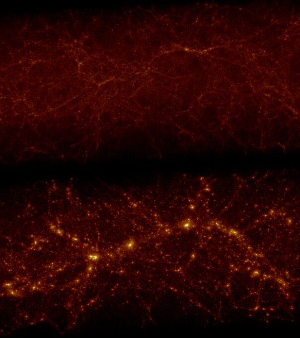 En haut, cette section de l'univers observée par un biais de 11 milliards d'années-lumière. En bas, cette section de l'univers telle qu'elle devrait être maintenant. // Source : Ata et al. En haut, cette section de l'univers observée par un biais de 11 milliards d'années-lumière. En bas, cette section de l'univers telle qu'elle devrait être maintenant. // Source : Ata et al.