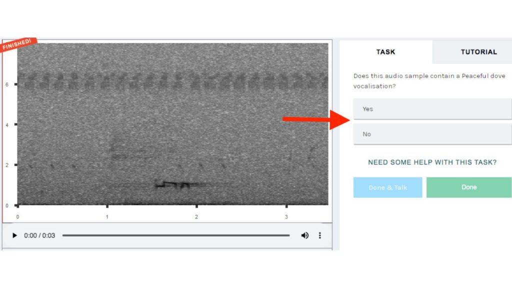 Pour aider les scientifiques, il faut écouter et identifier les vocalisations des oiseaux, en tapant oui ou non // Source : Zooniverse Pour aider les scientifiques, il faut écouter et identifier les vocalisations des oiseaux, en tapant oui ou non // Source : Zooniverse