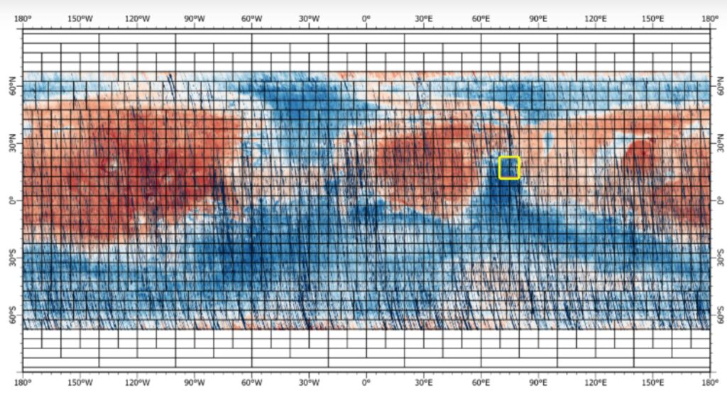 Cette carte a été capturée par Mars Reconnaissance Orbiter de la NASA, Le carré jaune indique la région de Nili Fossae sur Mars // Source : Nasa Cette carte a été capturée par Mars Reconnaissance Orbiter de la NASA, Le carré jaune indique la région de Nili Fossae sur Mars // Source : Nasa
