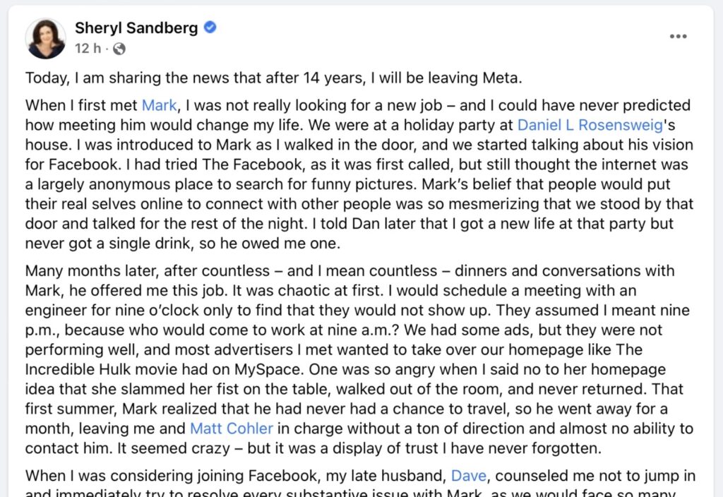 Le début du long message de Sheryl Sandberg. // Source : Facebook Le début du long message de Sheryl Sandberg. // Source : Facebook
