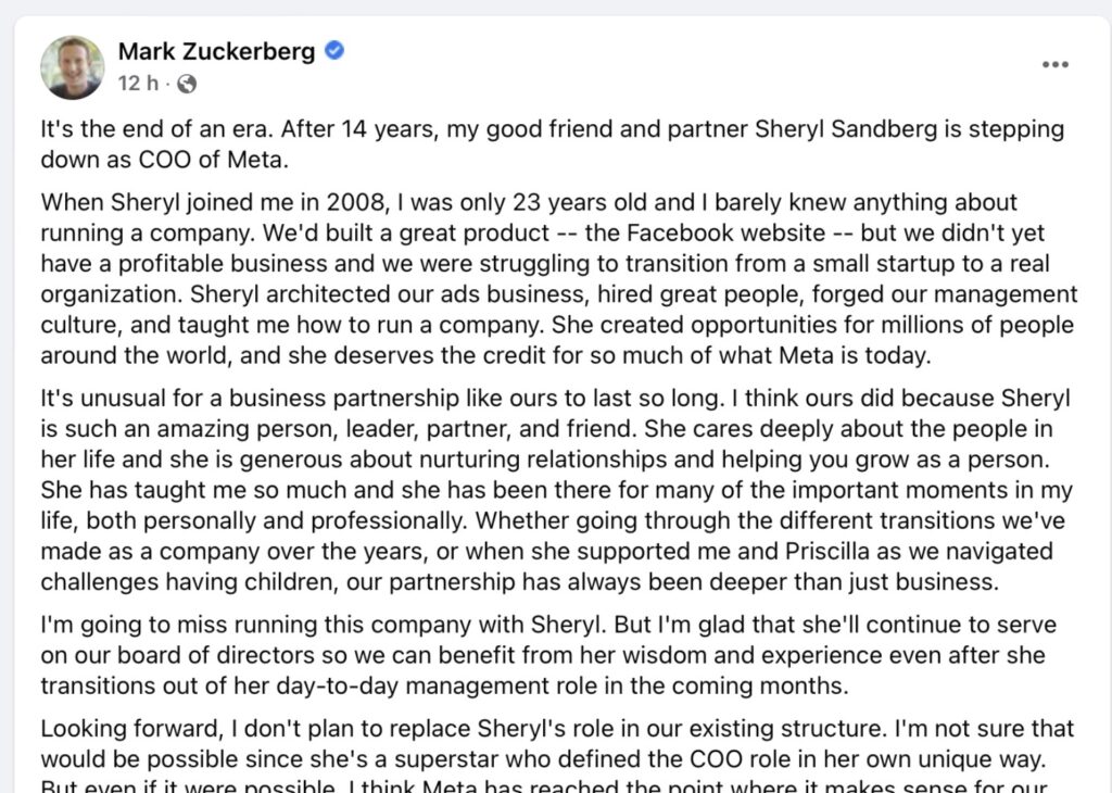 Le message de Zuckerberg après l'annonce de Sandberg. // Source : Facebook Le message de Zuckerberg après l'annonce de Sandberg. // Source : Facebook