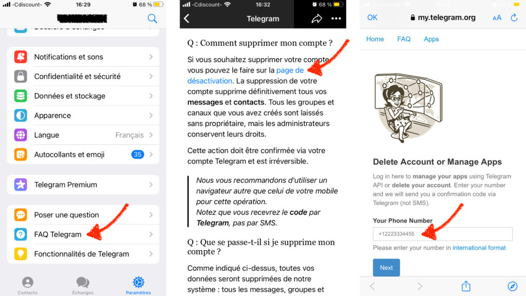 Étapes à suivre pour supprimer son compte. // Source : Captures d'écran Telegram sur iOS Étapes à suivre pour supprimer son compte. // Source : Captures d'écran Telegram sur iOS