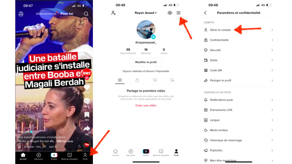 Premières étapes pour supprimer son compte. // Source : Captures d'écran TikTok Premières étapes pour supprimer son compte. // Source : Captures d'écran TikTok