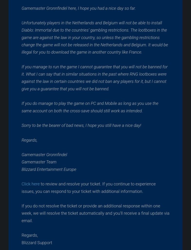 Blizzard répond à un joueur // Source : Evoratus