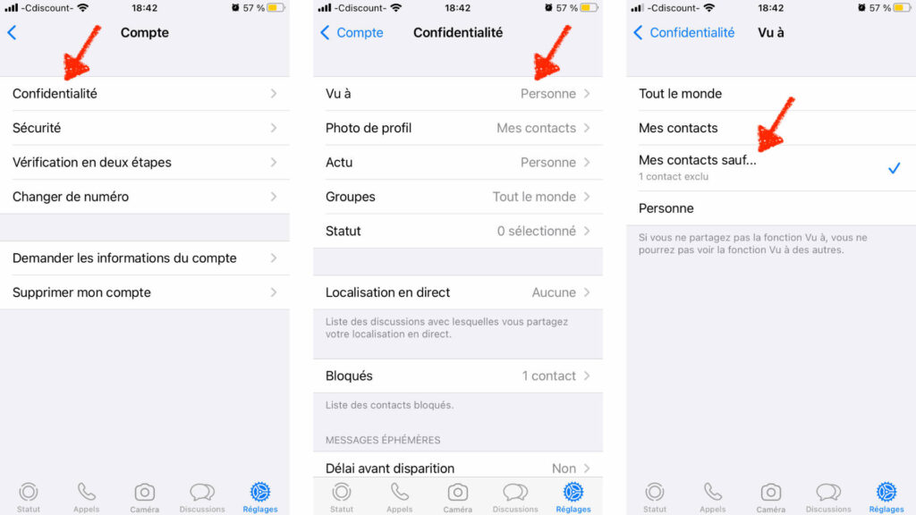 Enlevez la mention « vu », à certains contacts seulement. // Source : Captures d'écran WhatsApp sur iOS Enlevez la mention « vu », à certains contacts seulement. // Source : Captures d'écran WhatsApp sur iOS