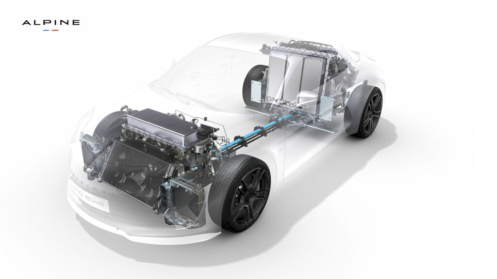 Des batteries positionnées presque à la vertical // Source : Alpine Des batteries positionnées presque à la vertical // Source : Alpine