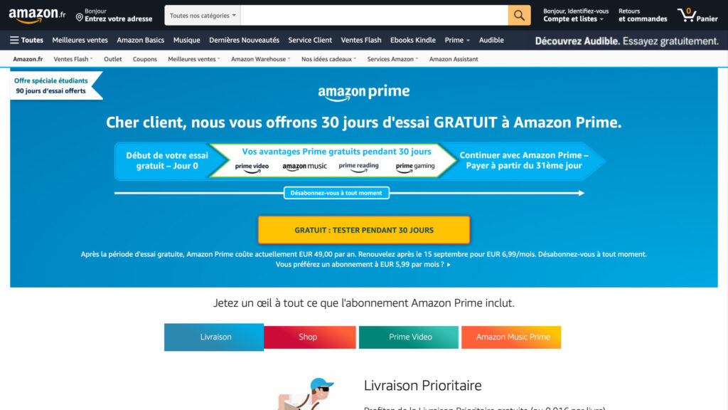La page pour s'abonner à Amazon Prime. // Source : Capture d'écran Amazon La page pour s'abonner à Amazon Prime. // Source : Capture d'écran Amazon