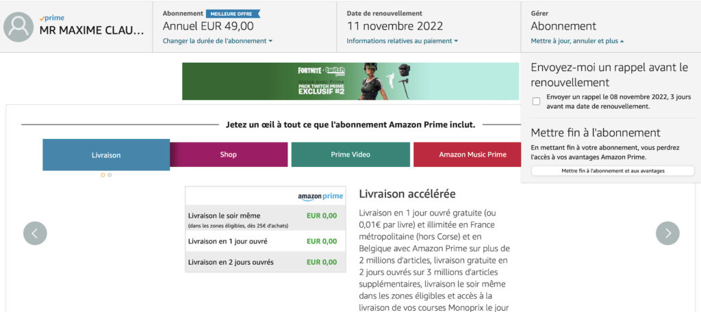 Résiliation Amazon Prime // Source : Capture d'écran Résiliation Amazon Prime // Source : Capture d'écran