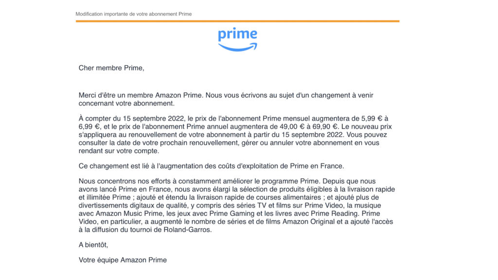 Hausse du prix d'Amazon Prime en France // Source : Capture d'écran Hausse du prix d'Amazon Prime en France // Source : Capture d'écran