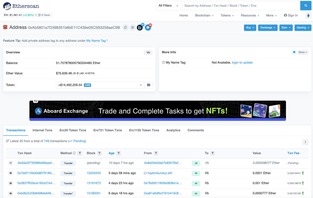 Le portefeuille de Vitalik Buterin sur Etherscan // Source : Capture d'écran Numerama Le portefeuille de Vitalik Buterin sur Etherscan // Source : Capture d'écran Numerama