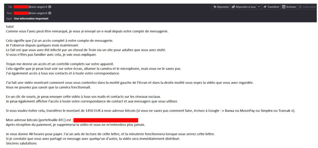 Un exemple de mail de sextorsion envoyé récemment. // Source : Vade Un exemple de mail de sextorsion envoyé récemment. // Source : Vade