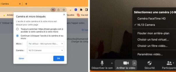 Google Chrome, à gauche, n'accepte pas la caméra de l'iPhone. Zoom, en revanche, le voit comme une webcam normale. À vous d'activer ensuite les réglages dans le centre de contrôle. // Source : Captures Numerama Google Chrome, à gauche, n'accepte pas la caméra de l'iPhone. Zoom, en revanche, le voit comme une webcam normale. À vous d'activer ensuite les réglages dans le centre de contrôle. // Source : Captures Numerama