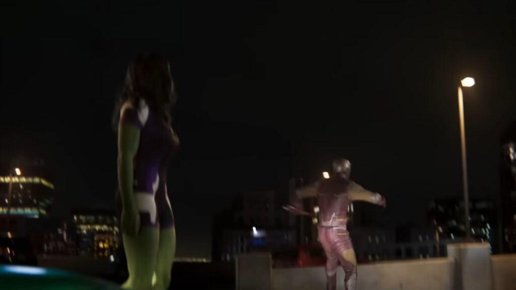 On aperçoit également Daredevil de loin lorsqu'il arrive en se réceptionnant. // Source : Marvel/Disney+ On aperçoit également Daredevil de loin lorsqu'il arrive en se réceptionnant. // Source : Marvel/Disney+