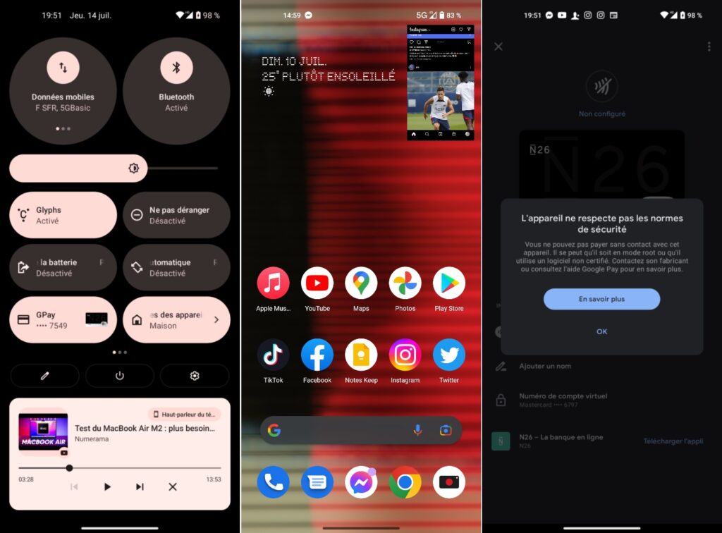 L'interface de Nothing OS, avec deux bugs étrange. L'appli bloquée en haut, Google Pay incompatible. // Source : Numerama L'interface de Nothing OS, avec deux bugs étrange. L'appli bloquée en haut, Google Pay incompatible. // Source : Numerama