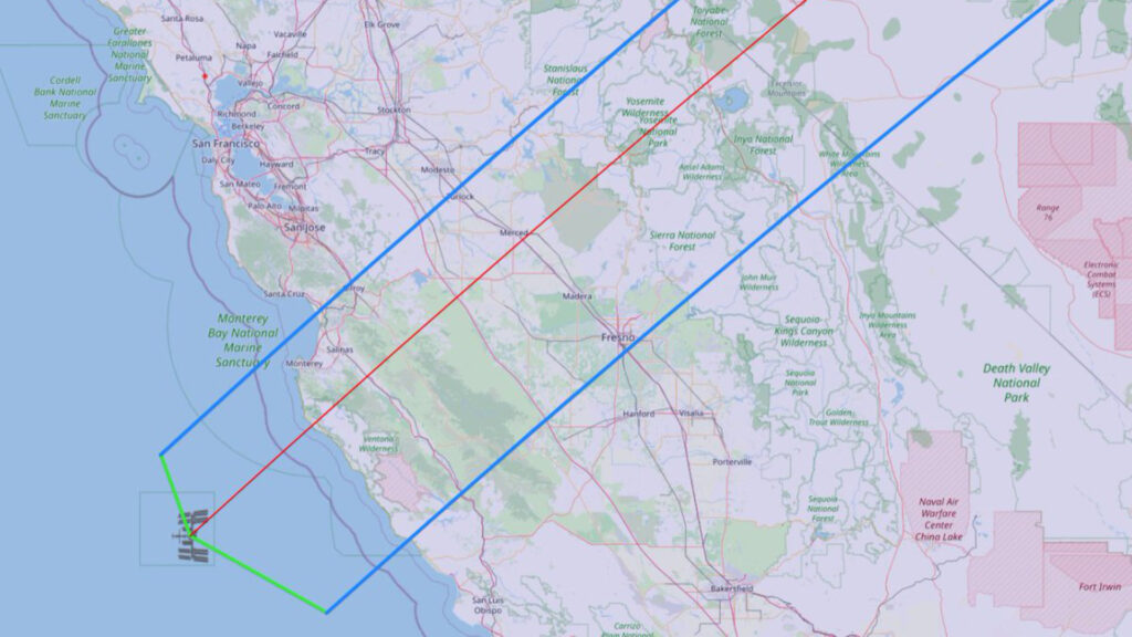 Trajectoire de l'ISS au-dessus de la Californie. // Source : Via Twitter @ISSAboveYou Trajectoire de l'ISS au-dessus de la Californie. // Source : Via Twitter @ISSAboveYou